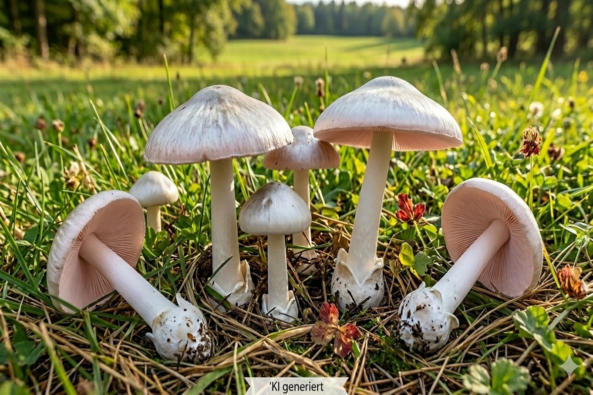 Großer Scheidling - Bild exemplarisch, KI generiert. Der Pilz hat eine markante Volva (aber kein sicheres Unterscheidungsmerkmal zu anderen Pilzen, wie z. B. Knollenblätterpilzen). Der Hut hat graue Farbtönungen. 